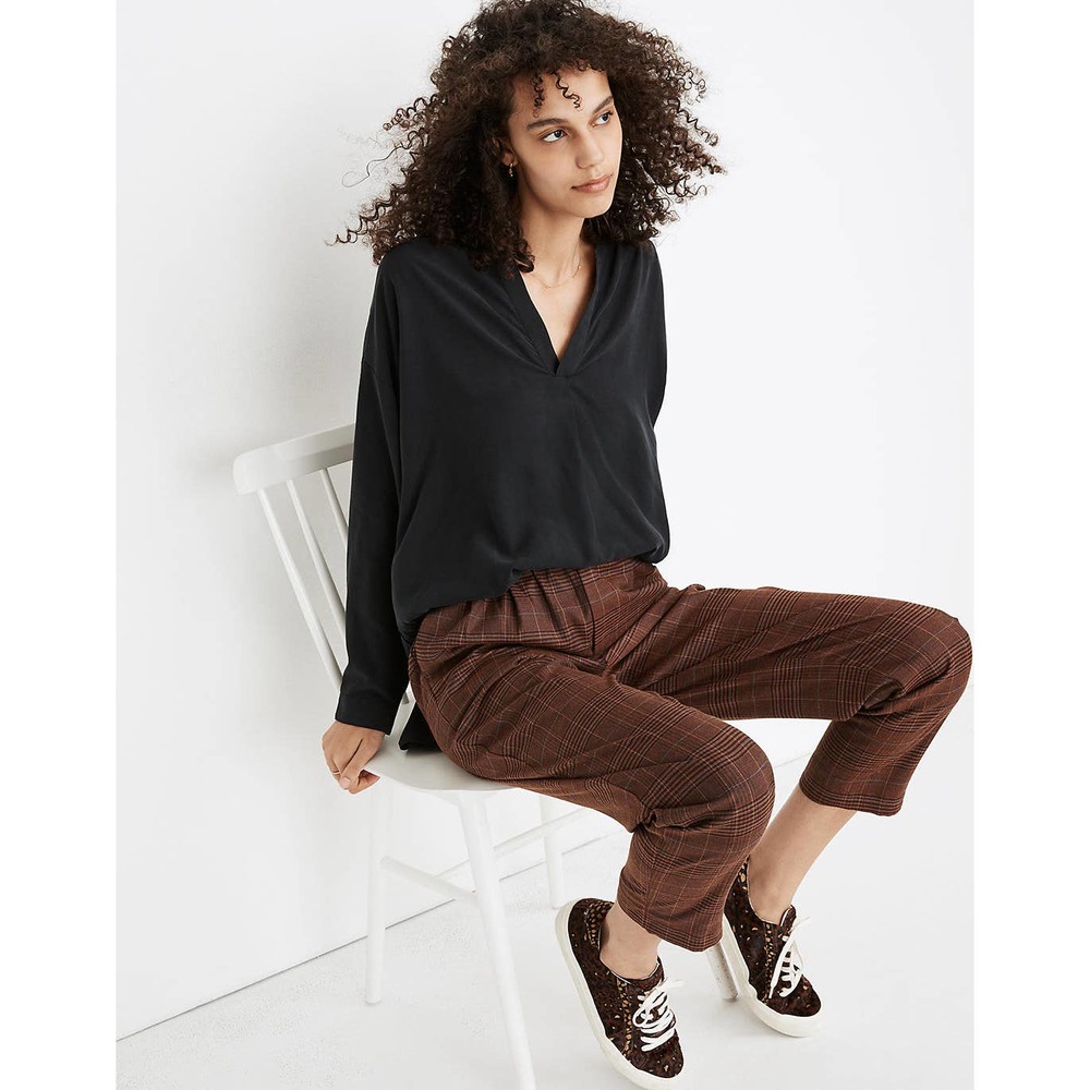 MADEWELL Sandwashed Black Long Sleeve Drapey Luxe Suede Popover Top Sz Small S